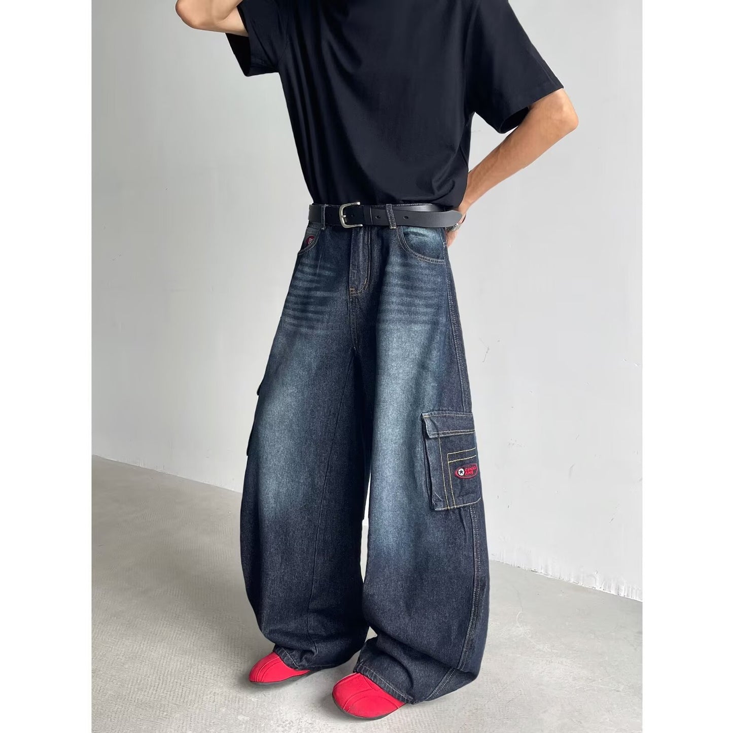 Washed Multi-Pocket Denim Wide Leg Pants
