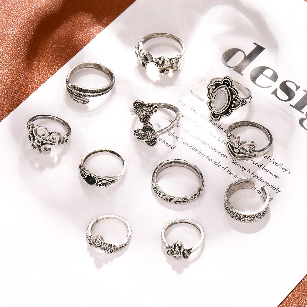 Retro Vintage Feather Elephant Joint Ring Set - 11 Piece Bracelet Collection