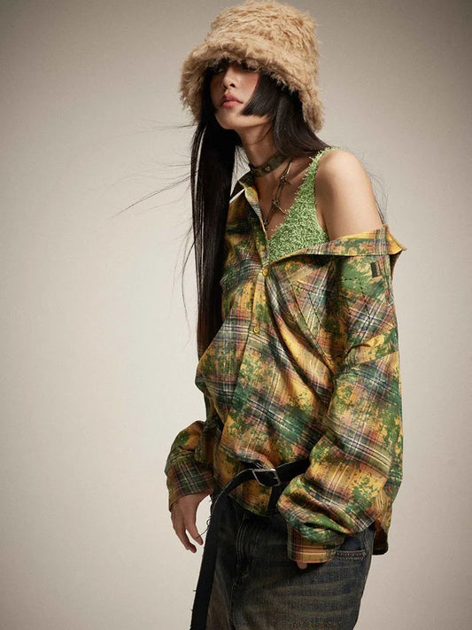 Harajuku Style Women's Tie Dye Plaid Blouse