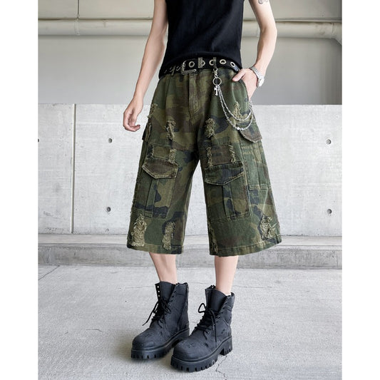 Washed Pocket Workwear Camouflage Seven Quarter Casual Shorts