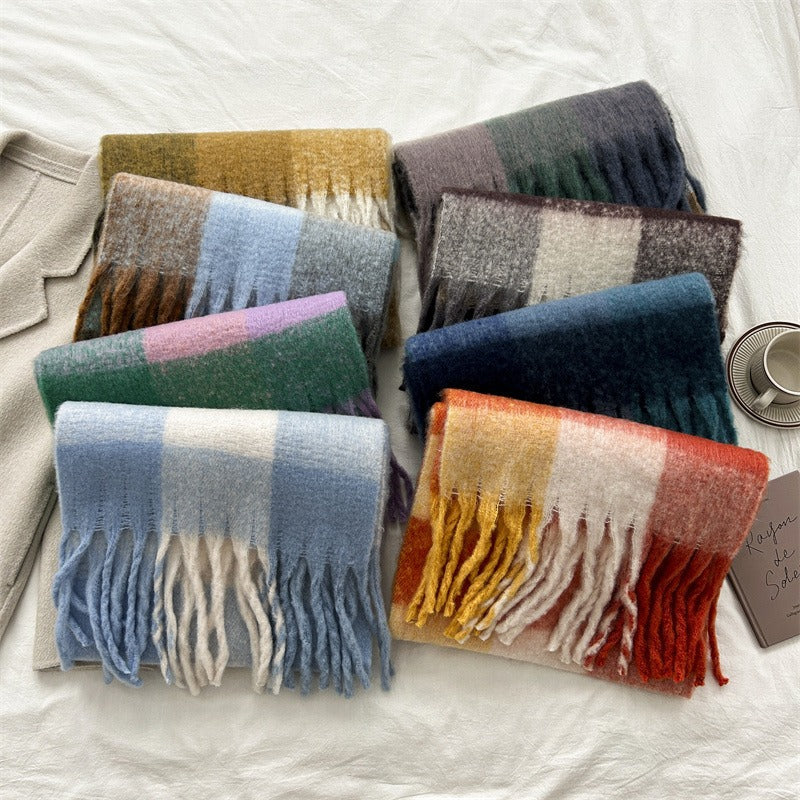 Harajuku-Inspired Mohair Plaid Scarf with Tassels