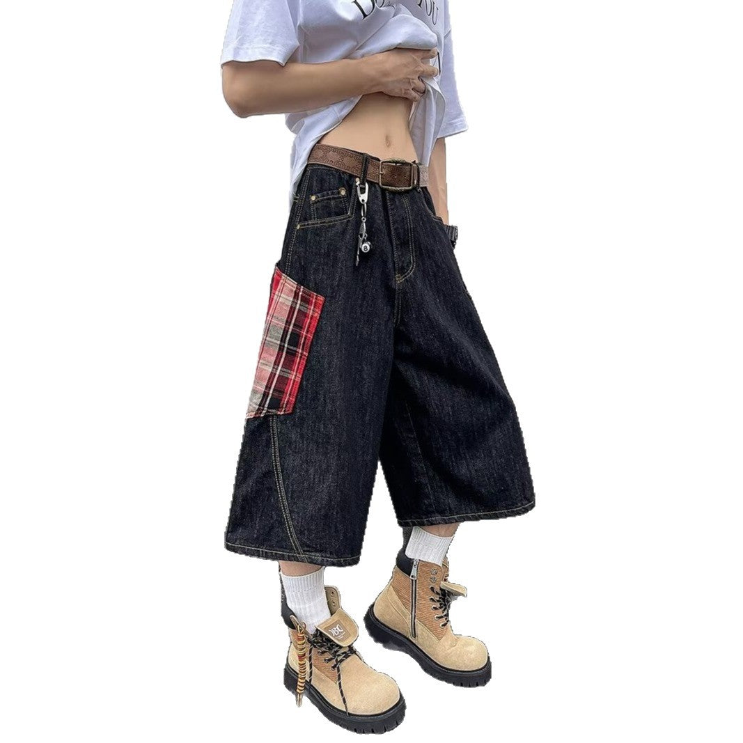 Retro Plaid Patchwork Denim Cropped Pants for Men
