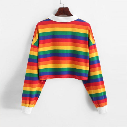 Rainbow Striped Long Sleeve Hooded Polo Shirt for Women