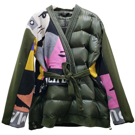 Harajuku Style Winter V-neck Lace-up Parka Coat