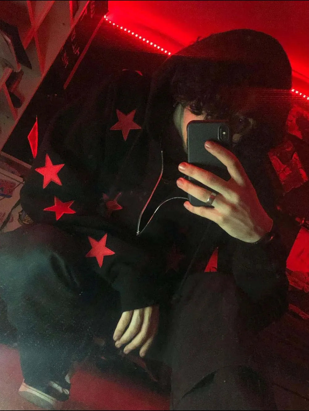 Men's Contrast Star Hooded Zip Up Hoodie - Harajuku Style