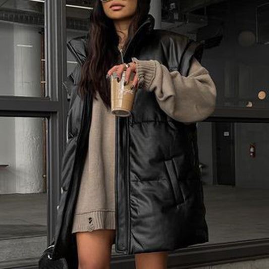 Elegant Faux Leather Stand Collar Vest for Women