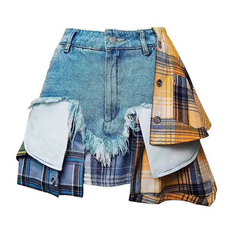 Harajuku Style Irregular Plaid Denim Skirt for Women