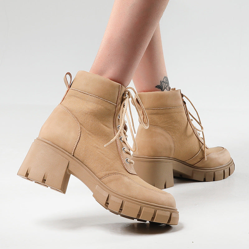 Thick Soled Short Boots for Women with Straps - Round Toe Boots
