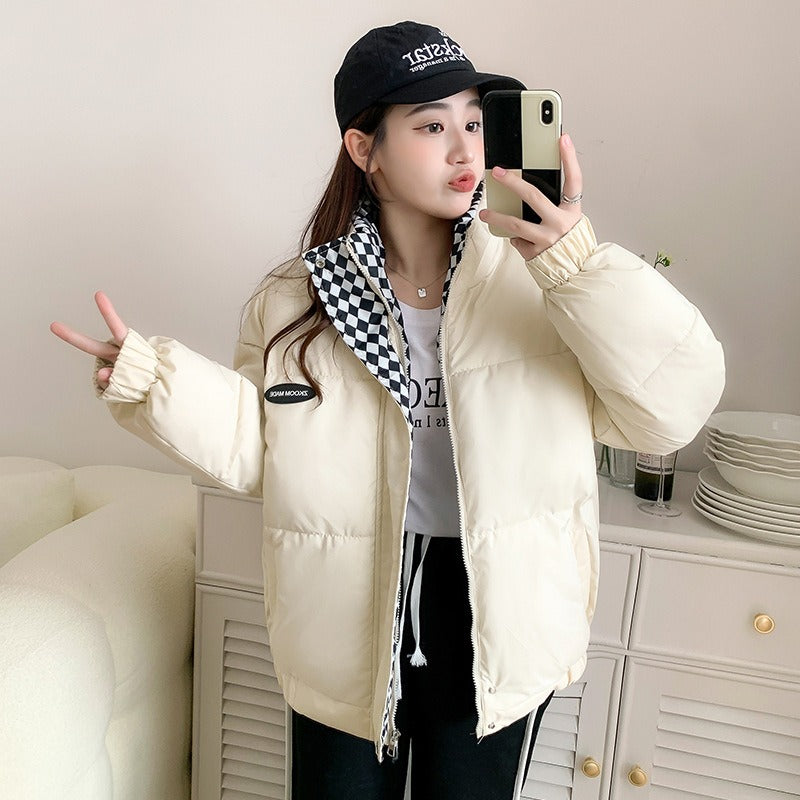 Harajuku Style Checkerboard Down Cotton Jacket for Women