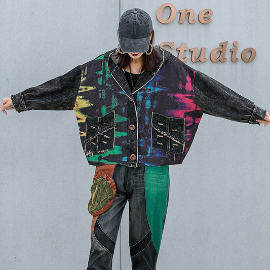 Harajuku Style Tie-Dye Denim Hooded Jacket