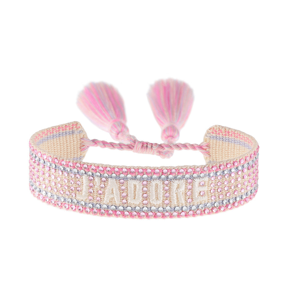 Cross-border Fully Ironed Colorful Diamond Woven DIY Bracelet Accessories for Women Creative Ethnic Embroidery Letter Rope