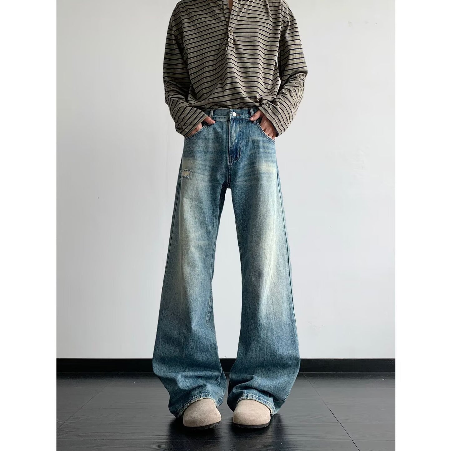 Light Blue Wide Leg Cat Whisker Jeans for Men