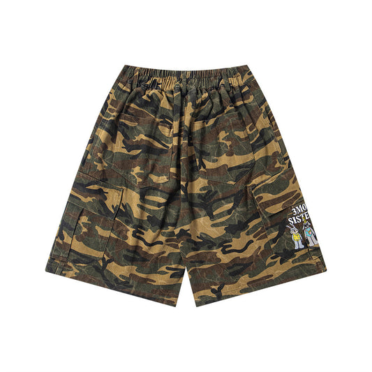 Retro Camo Denim Shorts with Cartoon Embroidery