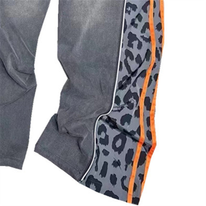Personalized Leopard Print Splicing Denim Pants