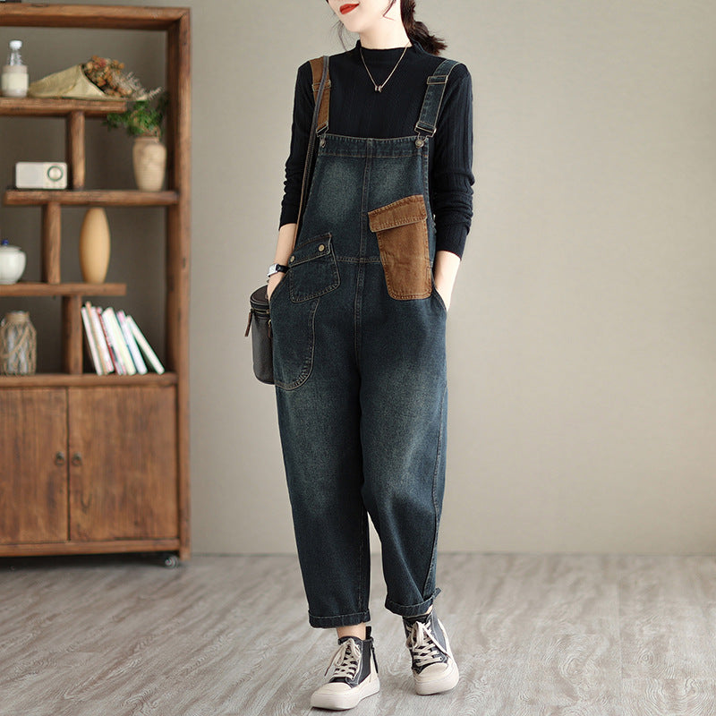 Color Blocked Oversized Denim Overalls Jumpsuit