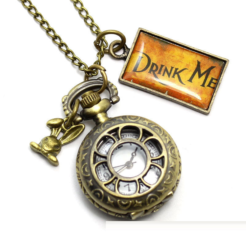 Vintage Hollow Petal Pocket Watch with Rabbit Pendant Tag