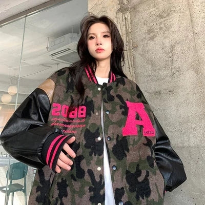 Harajuku Style Women Bomber Jacket - Embroidered Camouflage