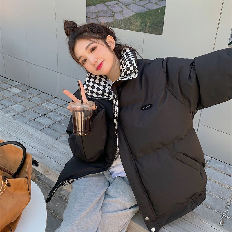 Harajuku Style Checkerboard Down Cotton Jacket for Women