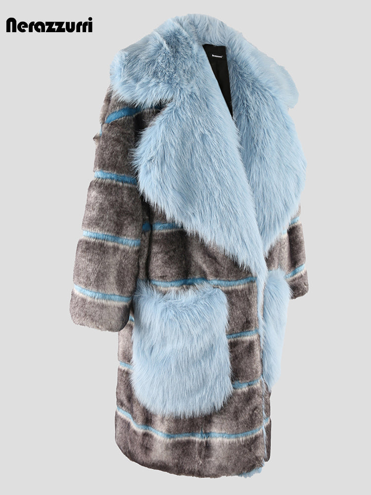 Nerazzurri Oversized Faux Fur Coat with Big Collar & Pockets