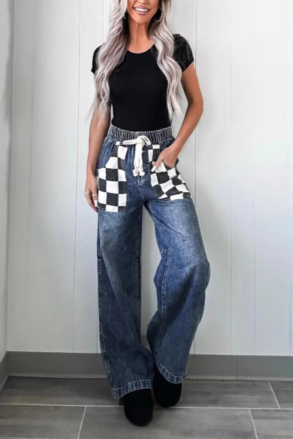 Playful Checkered Wide Leg Jeans