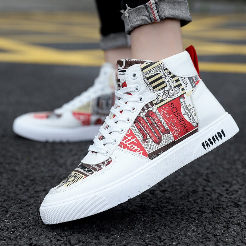 Trendy Harajuku Style Men's High Top Shoes - Graffiti Design