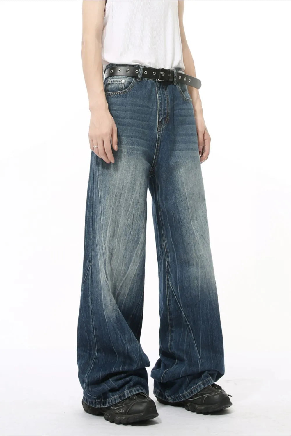 Washed Lightning Pattern Wide Leg Jeans - Harajuku Style