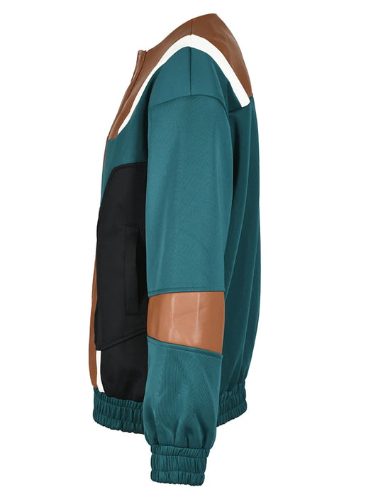 Color-Block Loose Fit PU Leather Jacket for Women