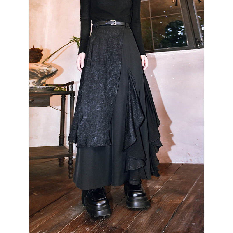 Black Slimming Splicing Double-Layer Wide Leg Suit Skirt for Women