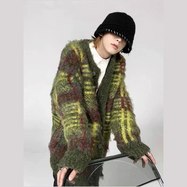 Winter Vintage Striped Green Cardigan Sweater