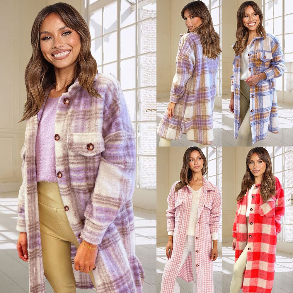 Harajuku Plaid Long Coat - Casual Women's Suit Jacket