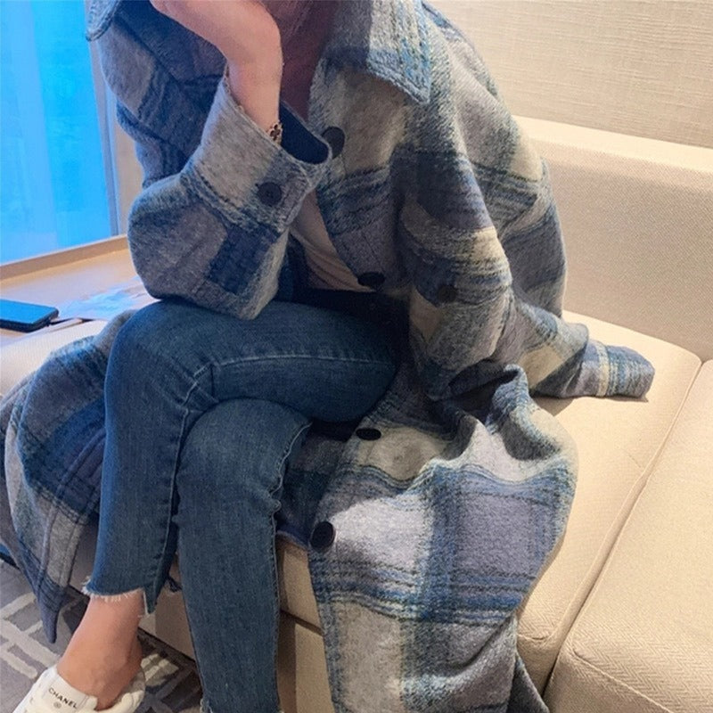 Harajuku Style Women’s Loose Long Woolen Plaid Coat
