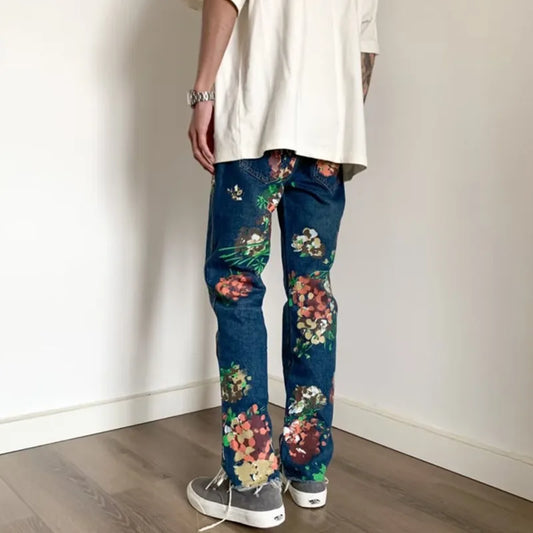 Hand-Painted Floral Graffiti Men's Trendy Jeans