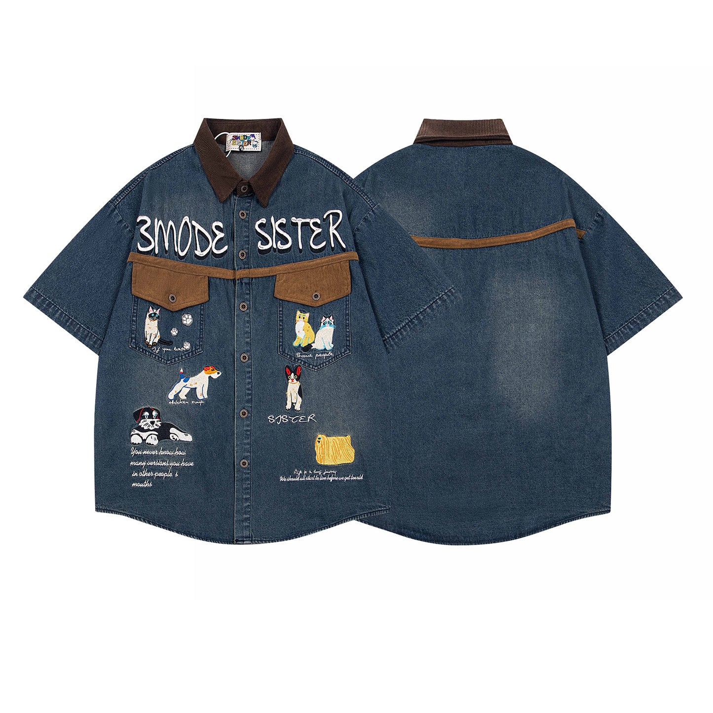 Retro Colorblock Cartoon Embroidery Denim Shirt - Unisex