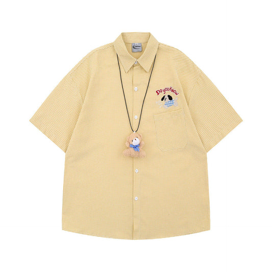 Cartoon Embroidery Short Sleeve Shirt with Bear Pendant