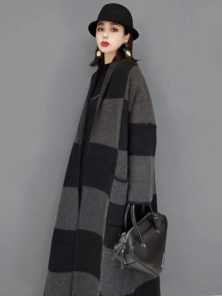 Vintage Plaid Knitting Trench Coat for Women