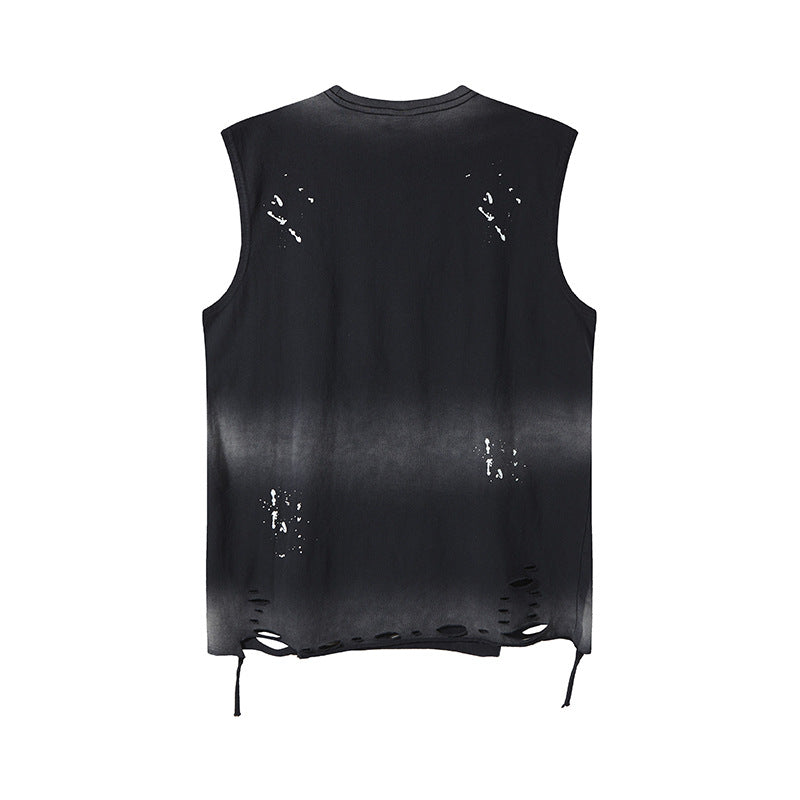 Tie-Dye Gradient Letter Sleeveless T-Shirt with Distressed Holes
