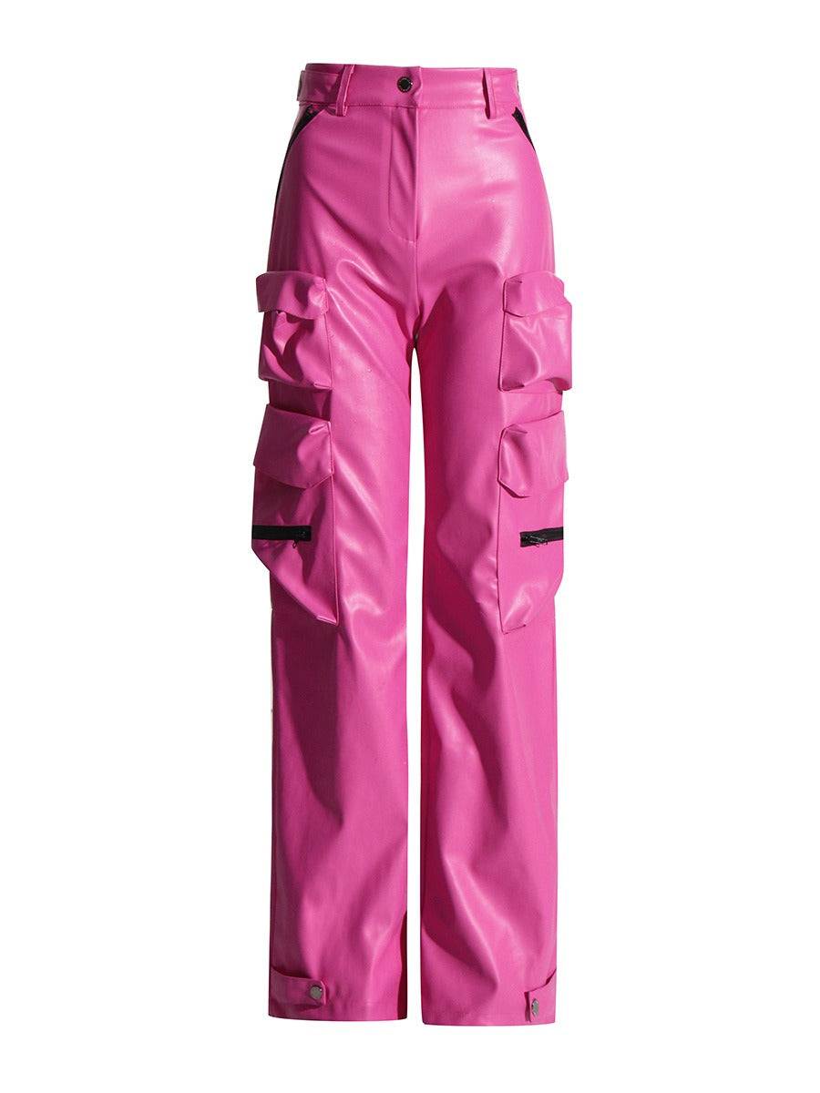Autumn 2023 High-Waisted PU Leather Long Pants