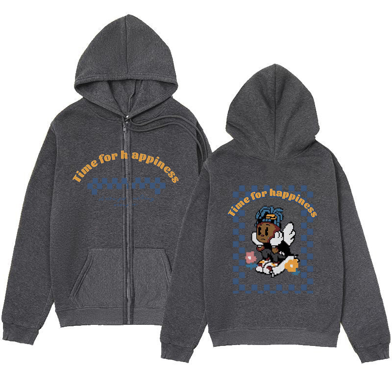 Playful Melancholic Child Print Zip-Up Hoodie