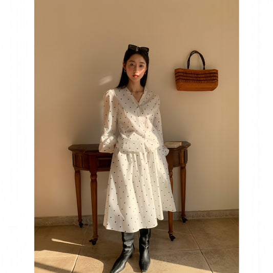 Floral A-line Midi Skirt in Apricot Polka Dot