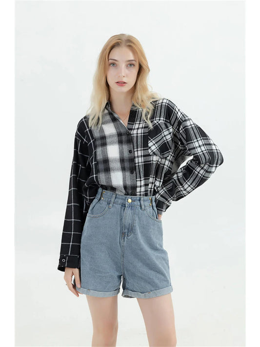 Oversized Plaid Patchwork Blouse - Harajuku Vintage Shirt