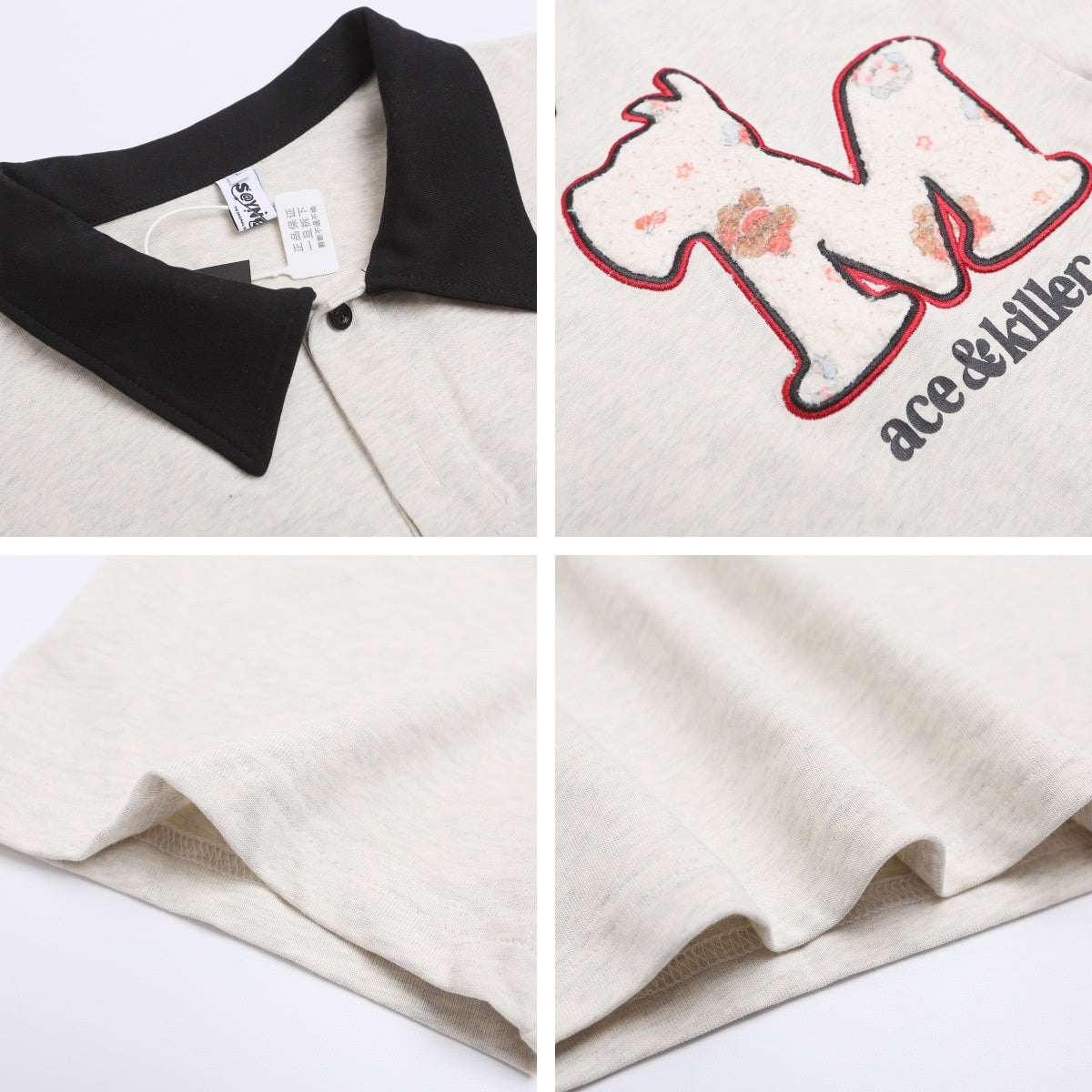 Retro Letter Embroidery Collar T-Shirt