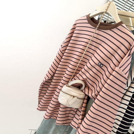Chic Casual Striped Long Sleeve Warm Loose Fit Top for Women