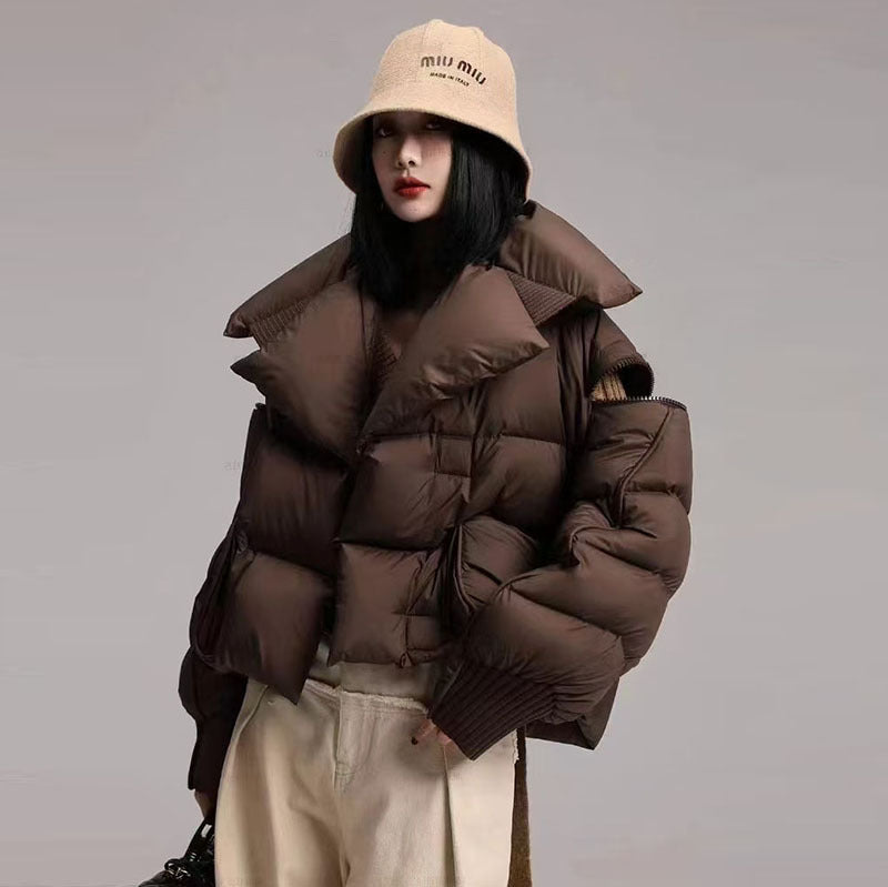 Spliced Lapel Down Jacket with Magnetic Buckle