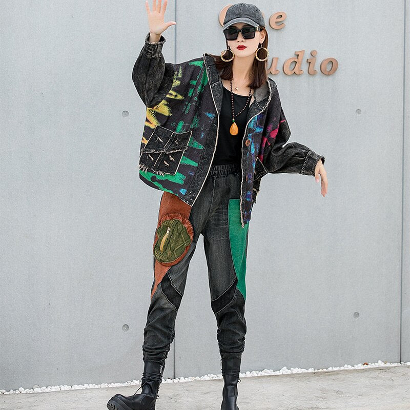 Harajuku Style Tie-Dye Denim Hooded Jacket