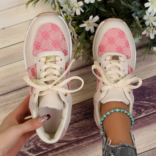 Flower Lace-Up Color Blocked Casual Sports Shoes