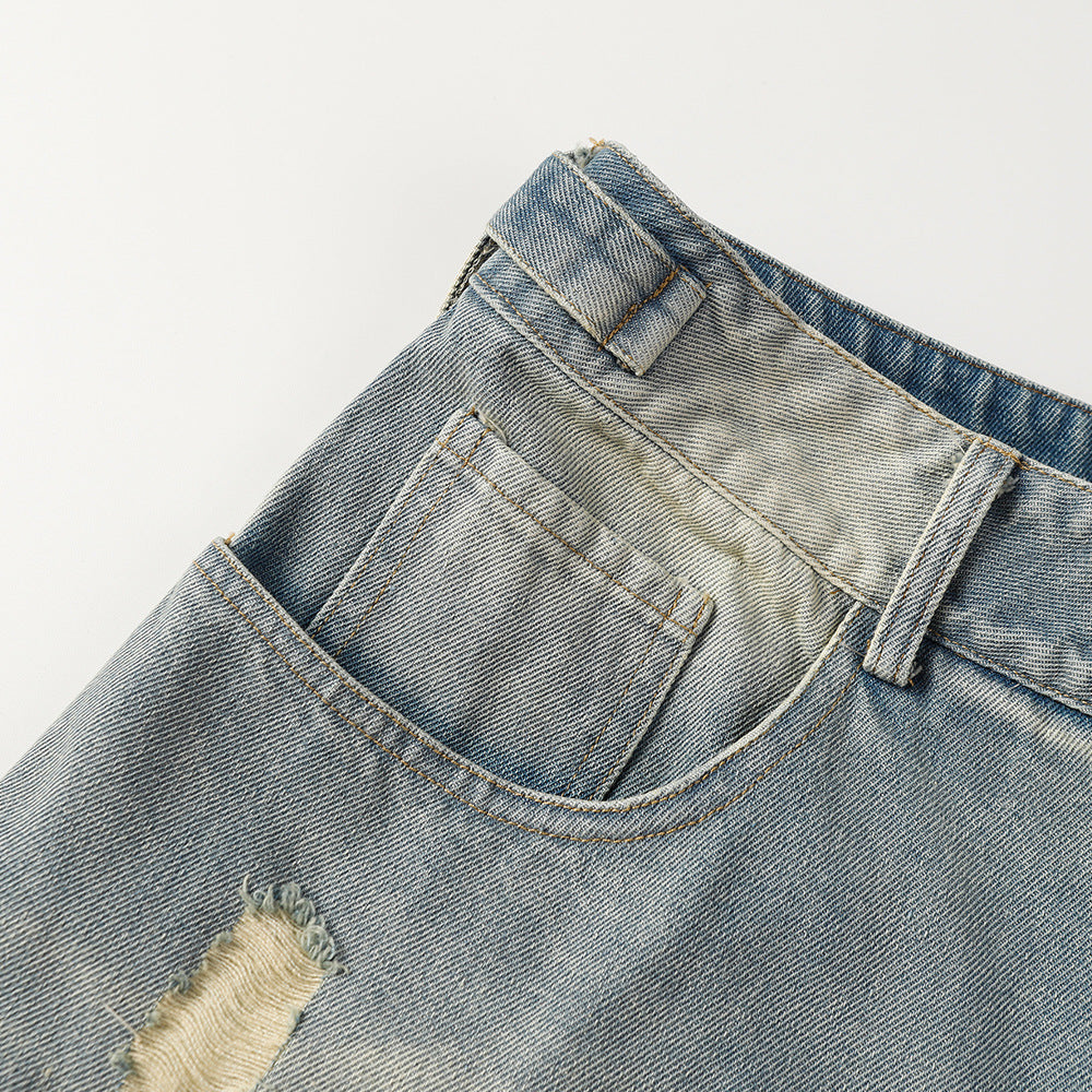 Heavy Distressed Denim Shorts for Men's Harajuku Style