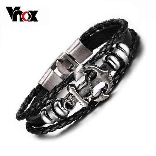 Harajuku Black Braided Leather Anchor Bracelet for Men