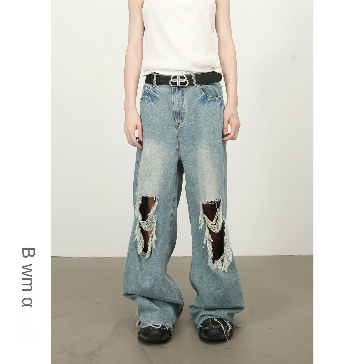 Harajuku Style Distressed Fringe Wide Leg Jeans for Men
