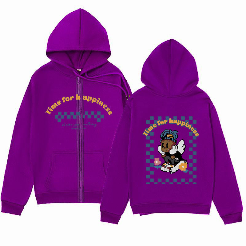 Playful Melancholic Child Print Zip-Up Hoodie