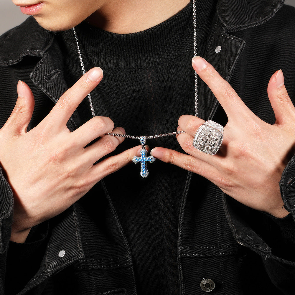 Hip Hop Blue Zircon Cross Necklace - Harajuku Style